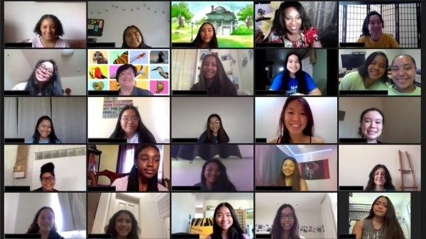 A Zoom collage screen of participants in a high school STEM program