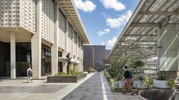 ASU campus with view of library on left side and solar shades on the right