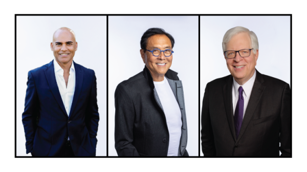 Collage of portraits of Radha Gopalan, Robert Kiyosaki and Dennis Prager, featured speakers at the Health, Wealth &amp; Happiness event presented by the T.W. Lewis Center for Personal Development at ASU.