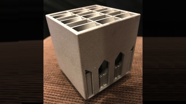 The 3D printed aluminum heat sink was designed by ASU students Faizan Ejaz, Munku Kang, and Gokul Chandrasekaran. Photo courtesy of Beomjin Kwon.