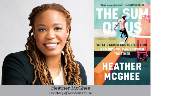 Portrait of 2022 Zócalo Public Square Book Prize winner Heather McGhee next to the cover of her book ""The Sum of Us: What Racism Costs Everyone and How We Can Prosper Together."