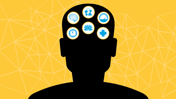 A graphic depicting a silhouette of a head with icons related to time, the brain, medication, meditation, performance and health.