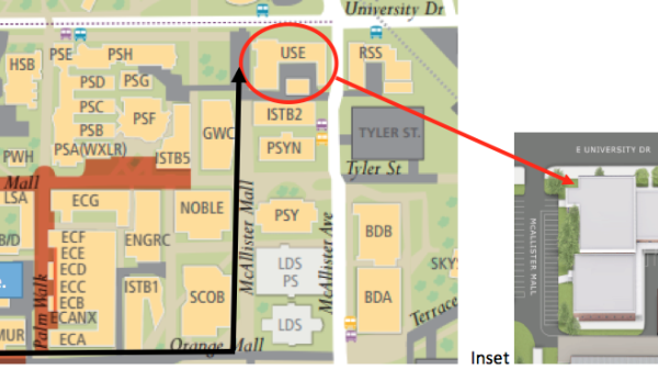 From UASB walk east along Orange Mall and then north on McAllister Mall to USE Building