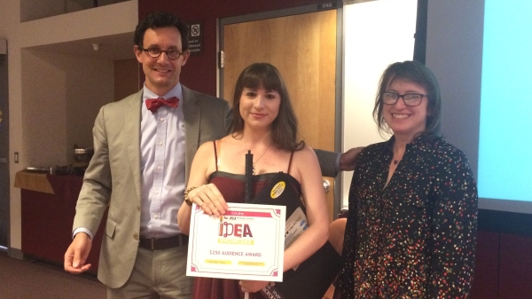 Last year's IDEA Showcase Audience Choice Award winner, Marieke Davis, is flanked by Herberger Institute Dean Steven J. Tepper and Linda Essig, director of the Herberger Institute Enterprise and Entrepreneurship Programs.