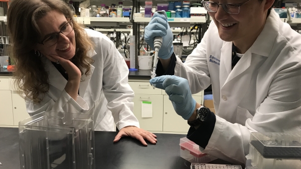 Rosa Krajmalnik-Brown and Dae-Wook Kang work in a lab