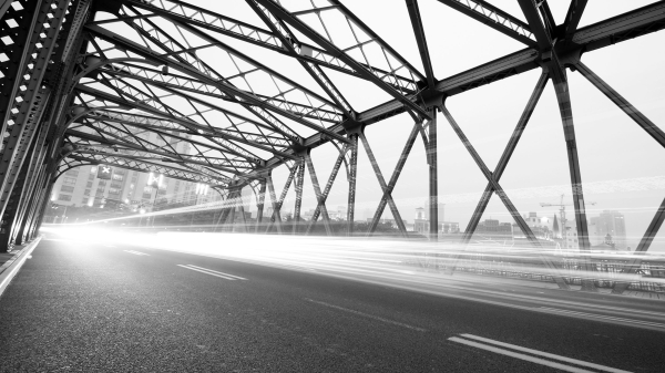 A highway bridge shown in black and white