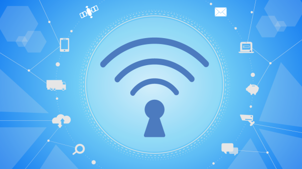 Wi-Fi connectivity emanates from a lock icon, surrounded by symbols representing different facets of the internet of things. Banner illustration by Changwha Kyung 