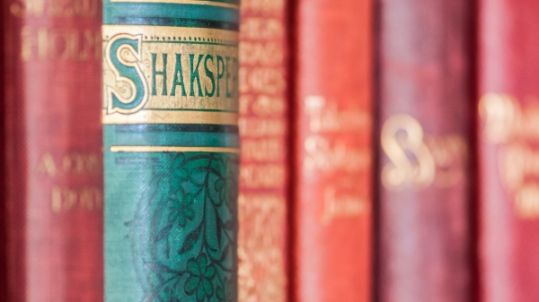 Spines of books, one of which reads: Shakespeare.