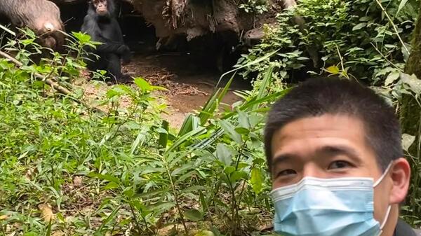 Man taking a selfie in a forest with a chimpanzee in the background.