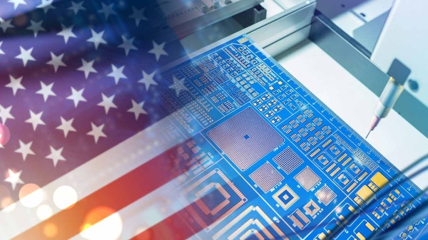 Collage of the image of an American flag and the image of a computer's motherboard.