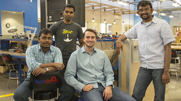 The co-founders of Neolight, left to right: Sivakumar Palaniswamy, Deepak Krishnaraju, Chase Garrett and Vivek Kopparthi at TechShop, located in ASU’s Chandler Innovation Center. Photographer: Hayden Taylor/ASU