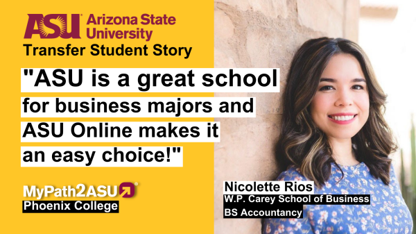 Portrait of ASU transfer student Nicolette Rios with the words: "ASU is a great school for business majors and ASU Online makes it an easy choice!"