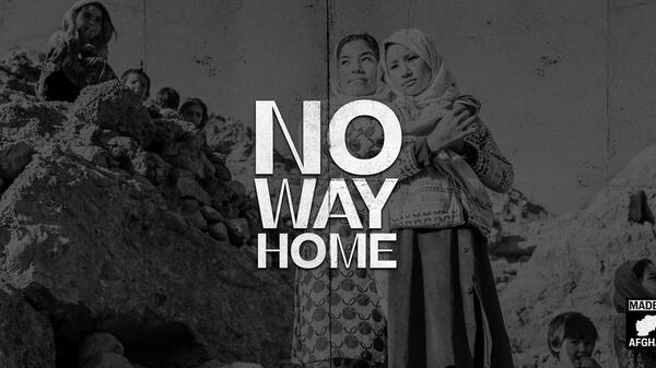 No Way Home podcast thumbnail with logo over image of group of Afghan natives near caves