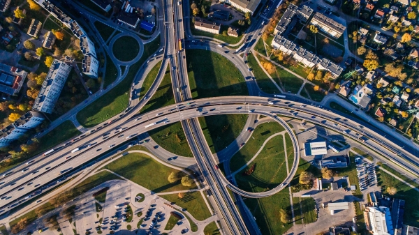 Aerial photo of highway interchange.