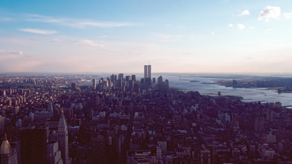 The Manhattan skyline before 9/11 with the World Trade Center visible