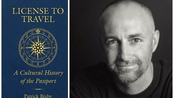 Cover of the book "License to Travel" next to a black-and-white portrait of ASU Professor Patrick Bixby.