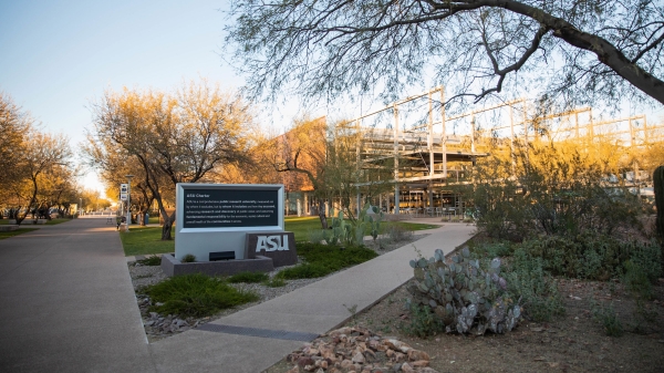 ASU Charter sign on the Polytechnic campus surrounded by desert landscaping