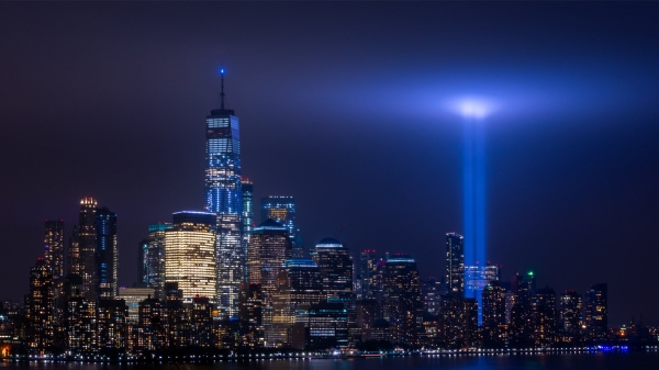 Memorial spotlights light up the spot in New York where the World Trade Center stood