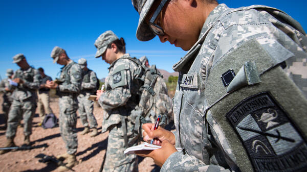 Army soldiers in fatigues take notes in a desert landscape