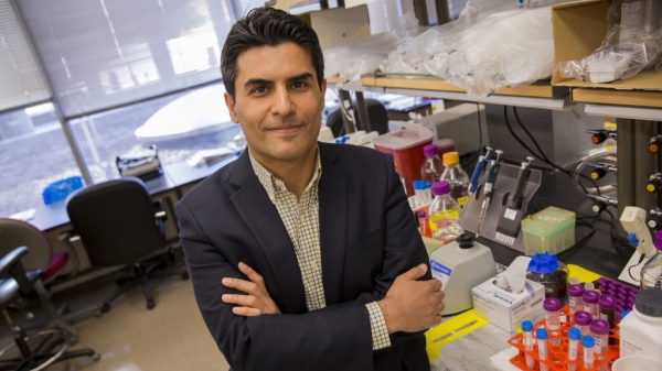 Portrait of Mehdi Nikkhah in his lab with a caption of "Assistant Professor Mehdi Nikkhah's vision of a microengineered chip to better understand hear attacks is being rewarded bt the National Science Foundation with a CAREER Award totaling $500,000 over 