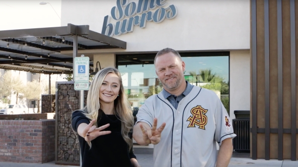 From left: Daughter Isabel and father Tim Vasquez outside the one of the family's Someburros locations. 