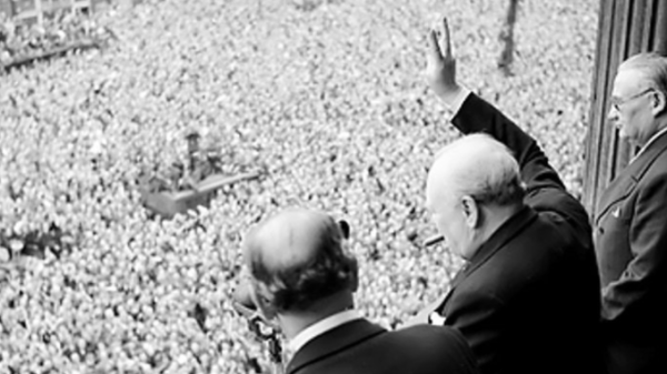 Winston Churchill Waves to Crowd After V-E Day