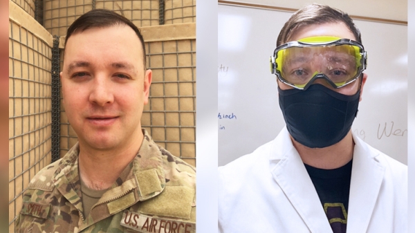 Side-by-side portraits of Cory Smith, ASU School of Molecular Sciences biochemistry student. In the left photo, Smith wears military fatigues. In the right photo, Smith wears a lab coat, safety goggles and a face covering.