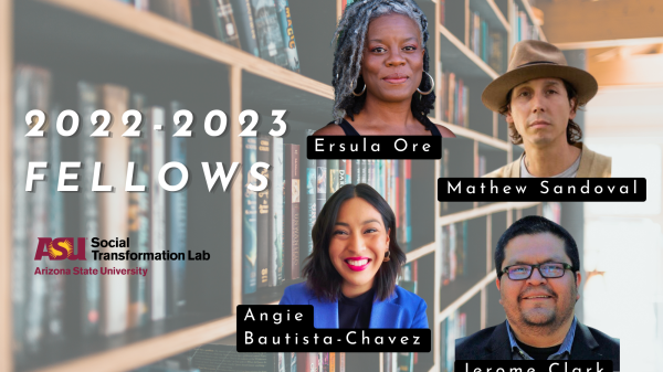 Collage of the four 2022–2023 Social Transformation Lab faculty fellows with a bookcase in the background.