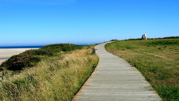 A boardwalk along a beach.