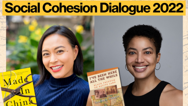 Flyer for the Social Cohesion Dialogue 2022 featuring portraits of the authors Anna Qu and Alaina Roberts.