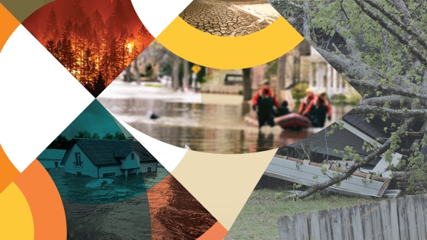 A collage of different climate-induced disasters, including flooding, fires, drought and fire. Photo illustration by Ashley Quay.