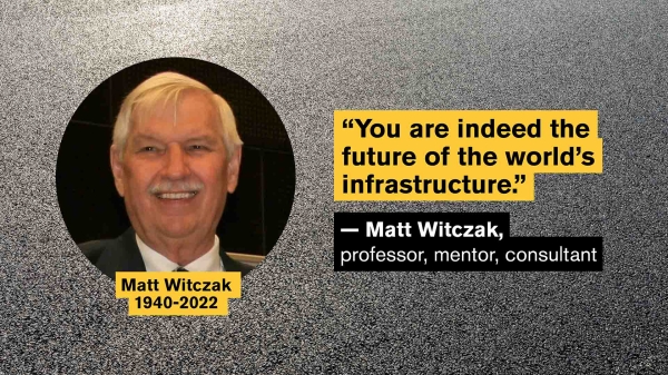 Graphic featuring a portrait of ASU Professor Emeritus Matt Witczak and a quote of his, which reads, "You are indeed the future of the world's infrastructure."