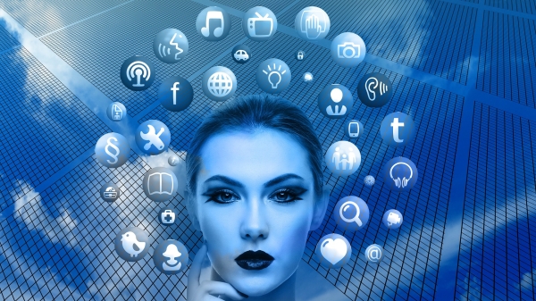 Graphic illustration of a woman's face with various media-realted icons surrounding her.