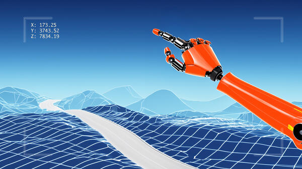 A robotic hand points to coordinates in a virtual environment.