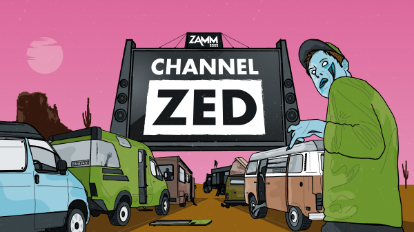 Illustration of a zombie approaching lines of cars in front of a large billboard that reads "Channel Zed."