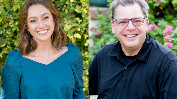 Side-by-side portraits of ASU alums Zoe Isaac and Kevin Sheh.