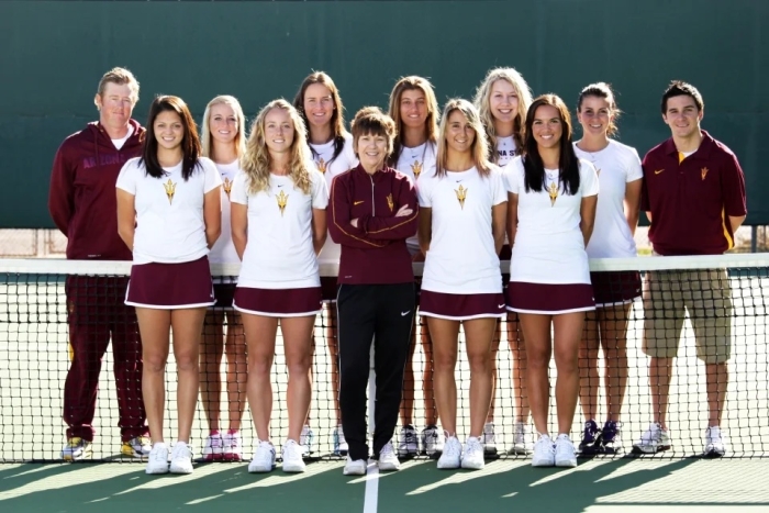 Group photo of ASU women's tennis team with coach
