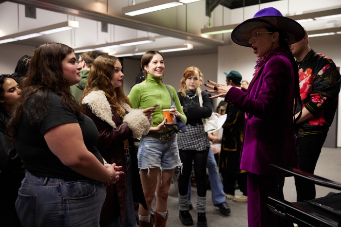Fashion designer and activits B. Akerlund speaking with ASU FIDM students following her lecture at ASU CA Center Grand. 