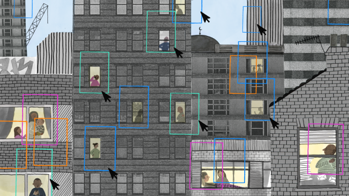 Building blocks are overlaid with digital squares that highlight people living their day-to-day lives through windows. Some of the squares are accompanied by cursors.