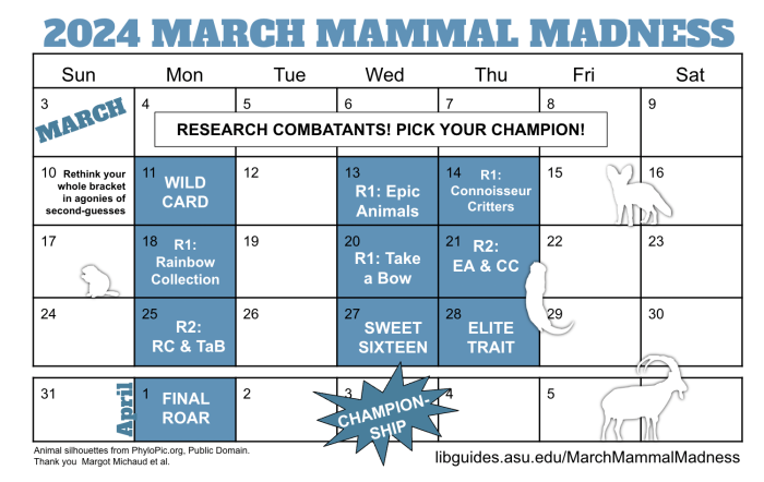 March Mammal Madness schedule of events in calendar form.