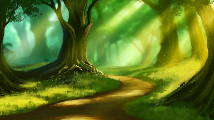 An illustration of a forest with trees and a path