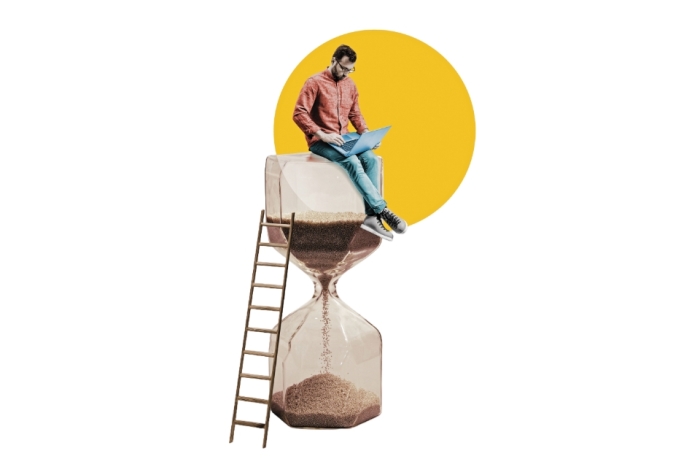 Photo illustration of a man sitting on a giant hour glass