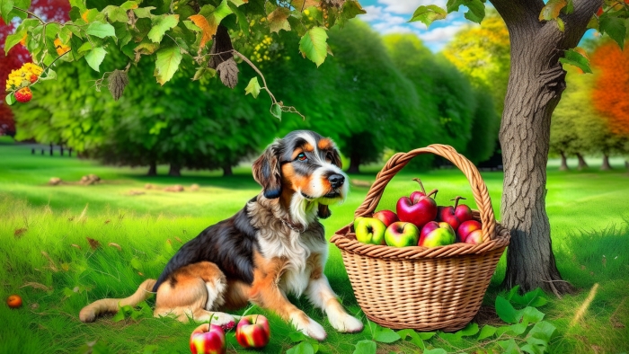 A dog rests under an apple tree