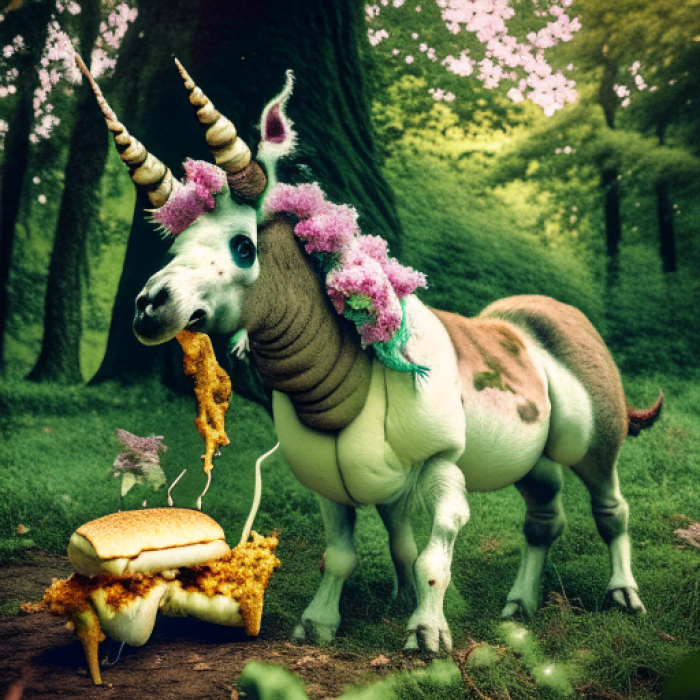 Strange unicorn eating a meatball sandwich