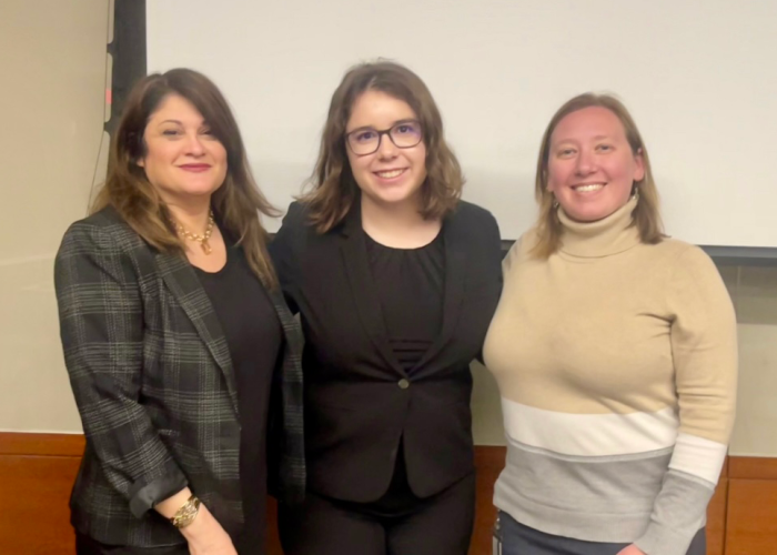 President’s Professor Heather Bimonte-Nelson, undergraduate student  Megan Nelson and Assistant Professor Jessica Verpeut smile at the camera.