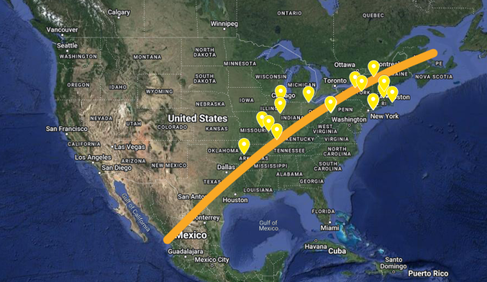 Map of selected schools in path of totality 