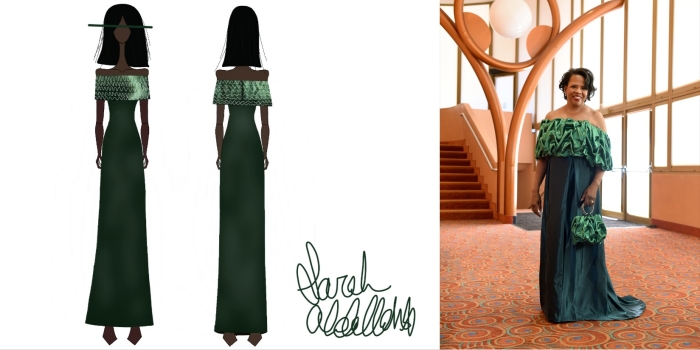 Collage of a drawing of a gown on the left and a photo of a woman wearing a gown on the right.