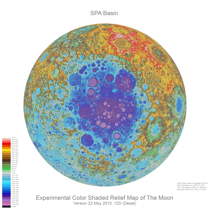 Color shaded relief map of the moon.