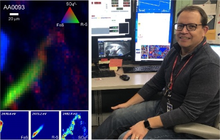 Dr. Root collecting X-ray imaging and spectroscopy data from Ryugu particles (particle A0093 is shown on the left) at SSRL beamline 14-3 at SLAC National Accelerator Facility. The green area shows an isolated 100 x 20 m thiol-rich organo-sulfur region.