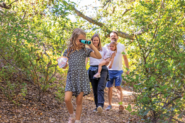 Family of four walking through a trail in the woods